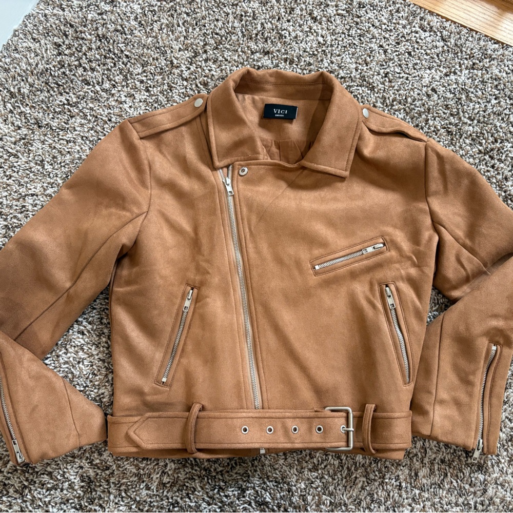 VICCI COLLECTION Tan Suede-Look Biker Jacket with Silver Hardware